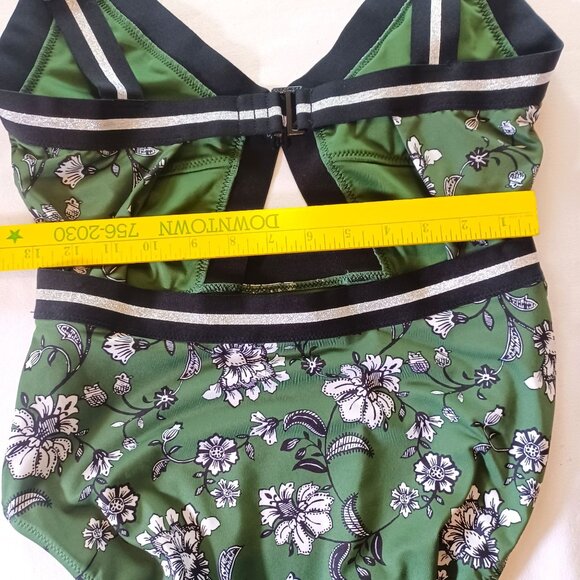 Floral Green One-Piece Swimsuit With Cutouts & Black/Gold Striped Accents - Picture 5 of 10